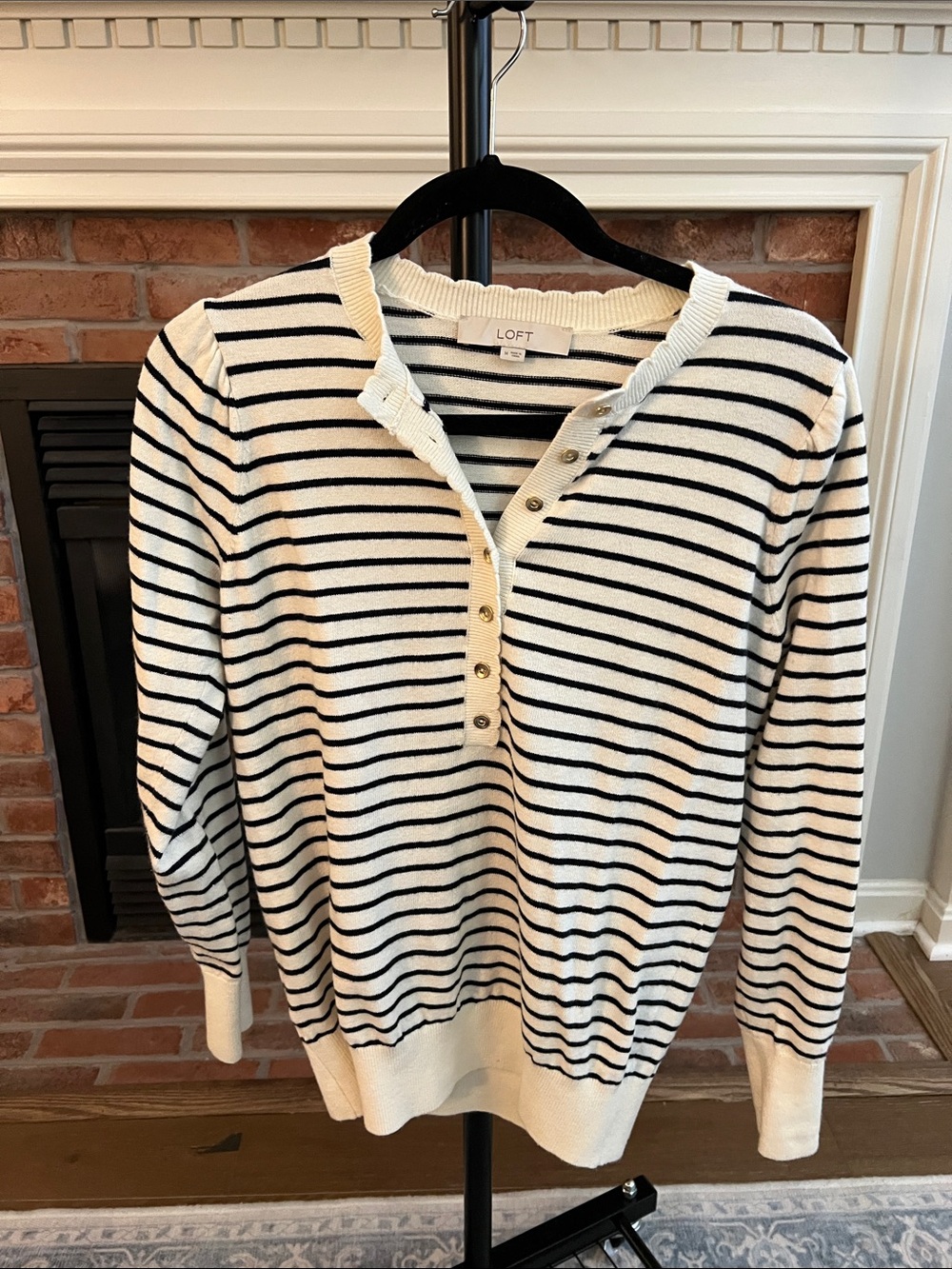 LOFT Navy and White Striped Henley Pullover